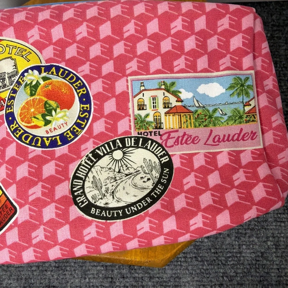 Estee‎ Lauder Travel Cosmetic Bag Pink Pattern Stickers Design Zip Pouch